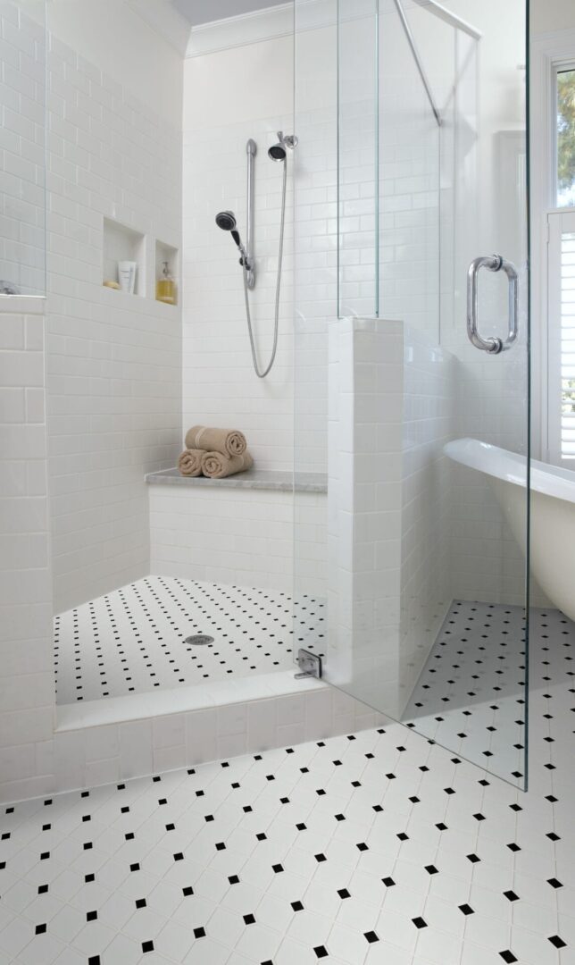Shower Room With Black and White Tile Flooring
